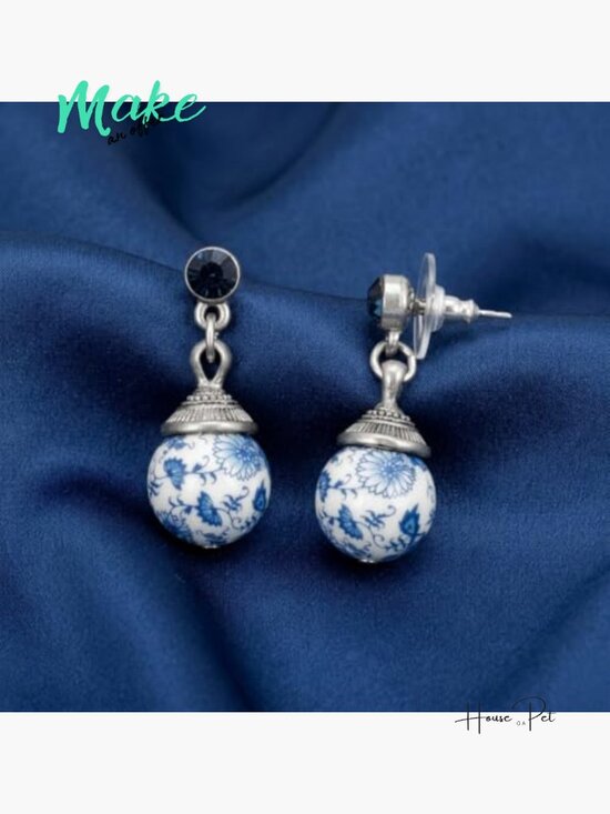 Blue Willow Round Beaded Post Drop Earrings
